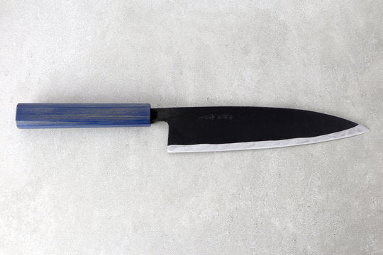 Gyuto 210mm Ishikawa Shirogami - Kurouchi finished, Urushi handle blue