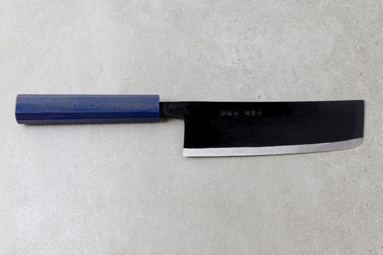 Nakiri 165mm Ishikawa White #2 - Kurouchi finished, Urushi handle blue